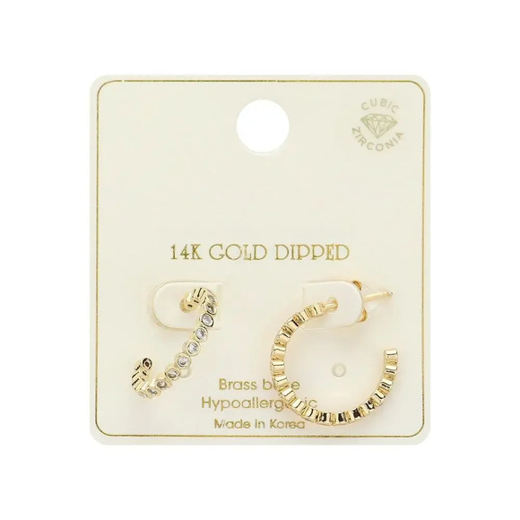 NEW 14K Gold Dipped CZ Stone Link Round Hoop Earrings - Picture 2 of 2